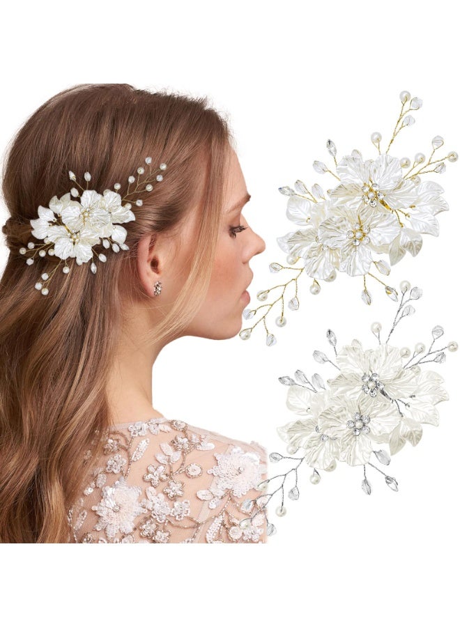 2Pcs Flower Wedding Hair Clips Bride Pearl Hair Barrettes White Floral Rhinestone Crystal Leaf Vine Headpiece Bridal Wedding Hair Accessories for Women Girls - Image 1